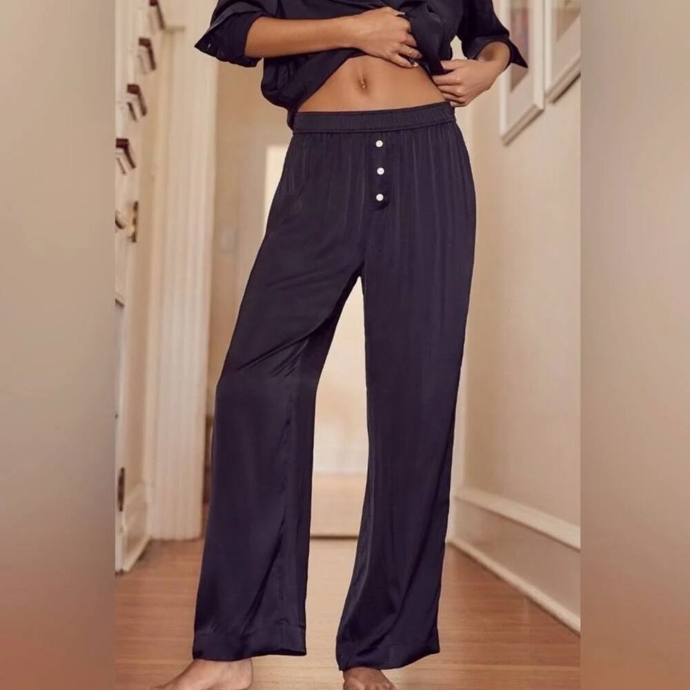 Anthropologie Black satin lounge wide leg pajama pants XS